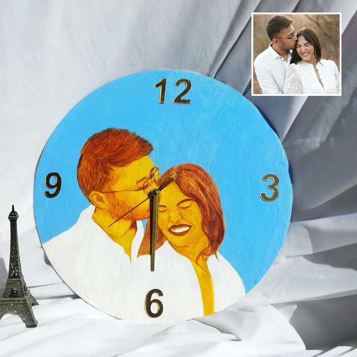 Personalized Photo Based Caricature Round Monochrome Blue Clock Portrait For Couples