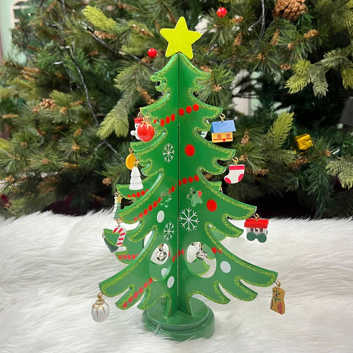 3D Glittering Xmas Tree With 20 Ornaments Wooden DIY Decor