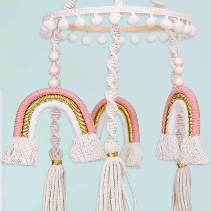 Handmade Rainbow Macrame Pink Felt Cot Mobile For Newborns