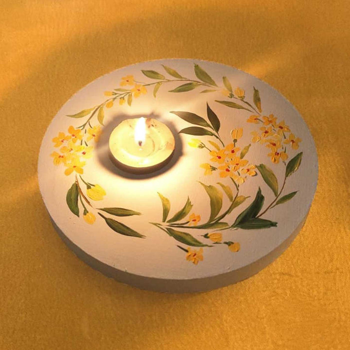 Hand Painted Floral MDF Wood Round Tealight Holder