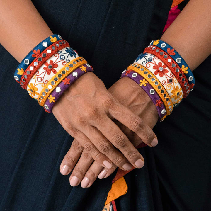 Multicolour Handcrafted Parul Flower Embroidery Work Bangles | Set of 10