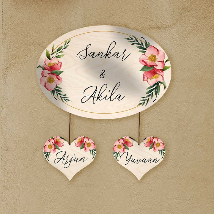 Printed Floral Wooden Oval Nameplate For Couples