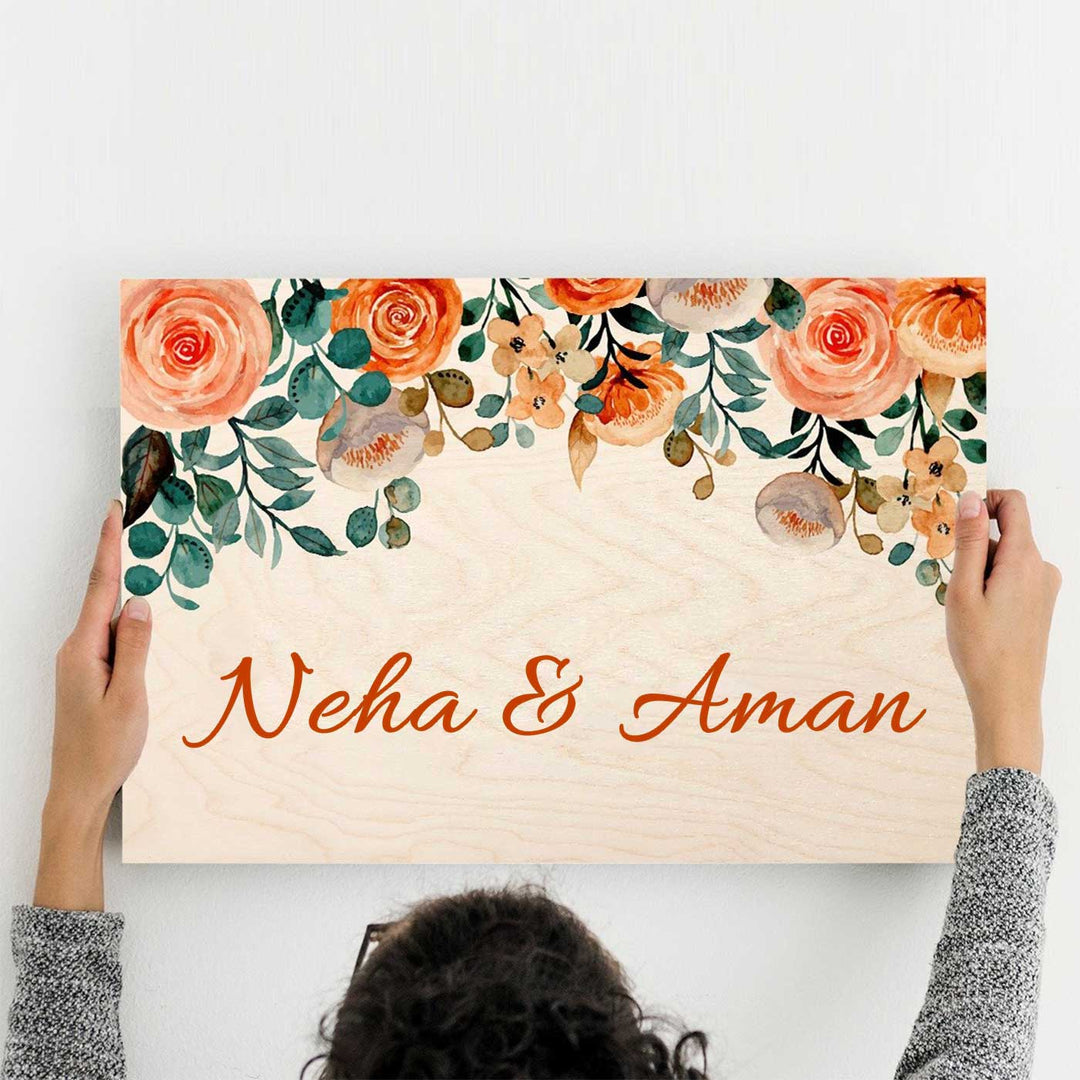 Printed Orange Floral Wooden Rectangle Nameplate