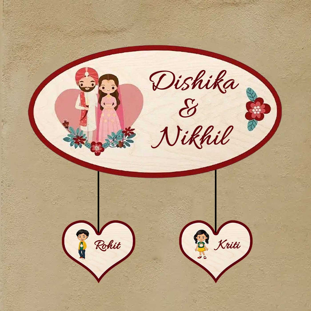 Printed Wooden Oval Sikh Couple Nameplate For Couples