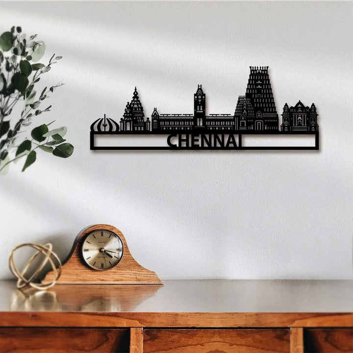 Printed Black Wooden Chennai City Skyline Wall Decor