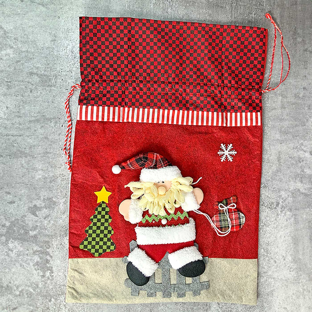 Handmade Santa Red & Grey Checks Plush Fabric Gift Sacks For Christmas Decoration