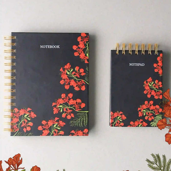 Handmade Gulmohar Black Spiral Notebook and Notepad Set | 80 Pages