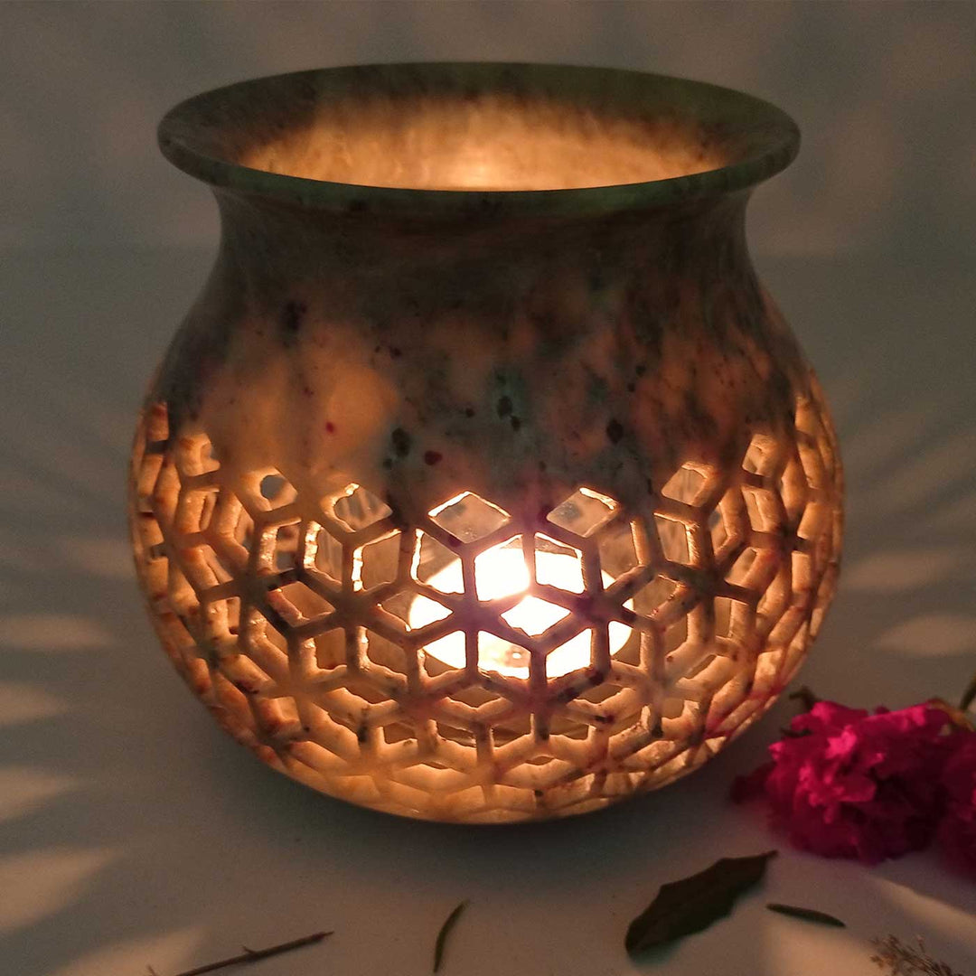 Handmade Multicolour Fadia Shimmery Mughal Jaali Soapstone Tealight Holder