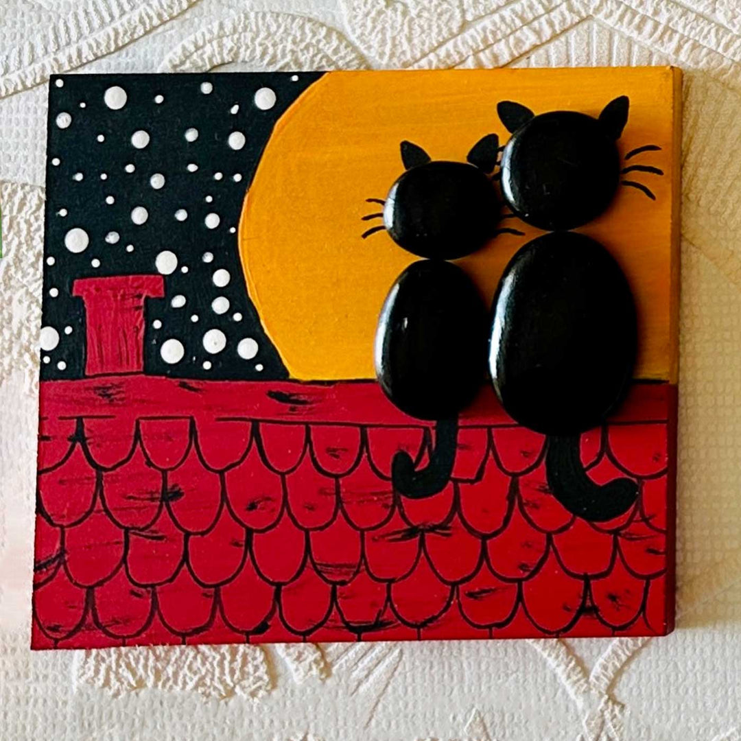 Hand-Painted Pebble Art Cat Couple Theme Wooden Fridge Magnet