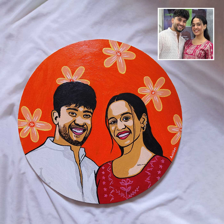 Personalized Photo Based Caricature Round Orange Colored Portrait For Couples