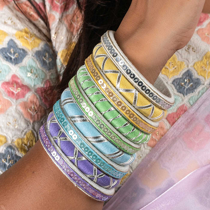 Multicolour Handcrafted Mahi Sequence Work with Gotapatti Colourful Thread Bangles | Set of 9