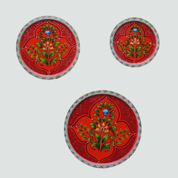 Hand-Painted Red Ornate Wooden Wall Plate | Set Of 3