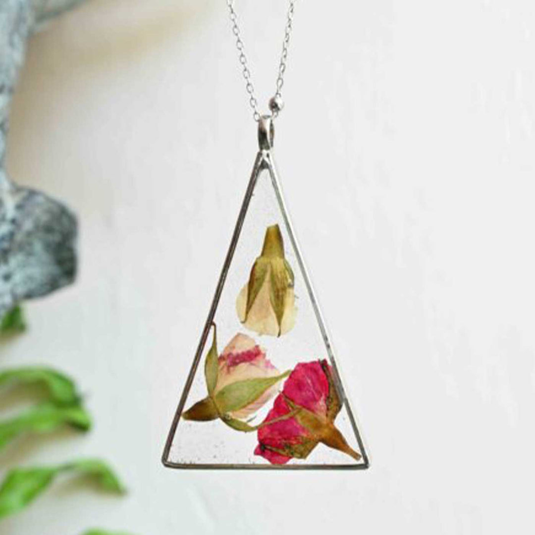 Handmade Preserved Flower Rose Garden Pyramid Brass Necklace