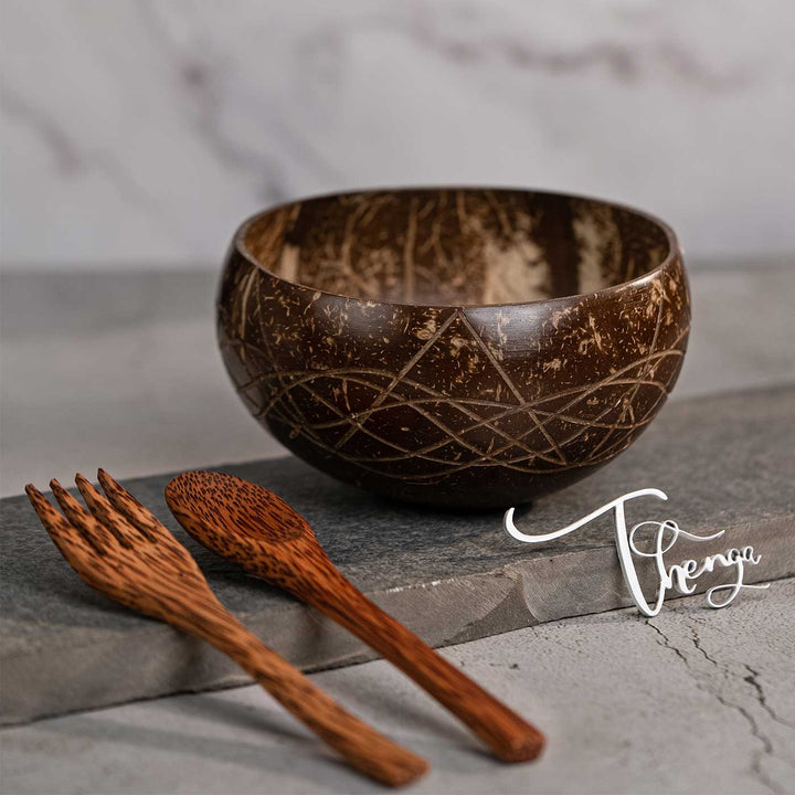 Coconut Shell Wave Jumbo Bowl with Spoon and Fork