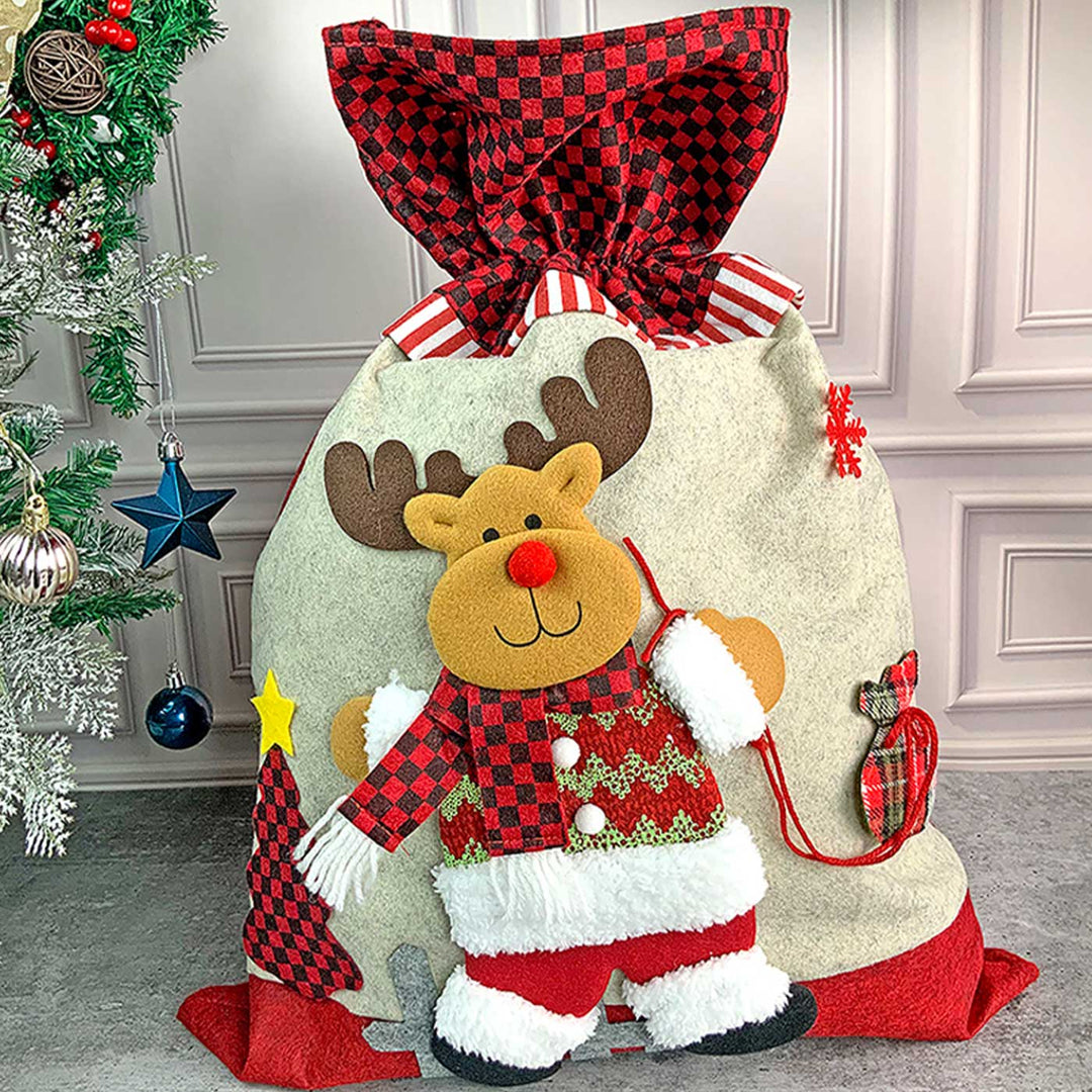 Handmade Deer Red & Grey Checks Plush Fabric Gift Sacks For Christmas Decoration