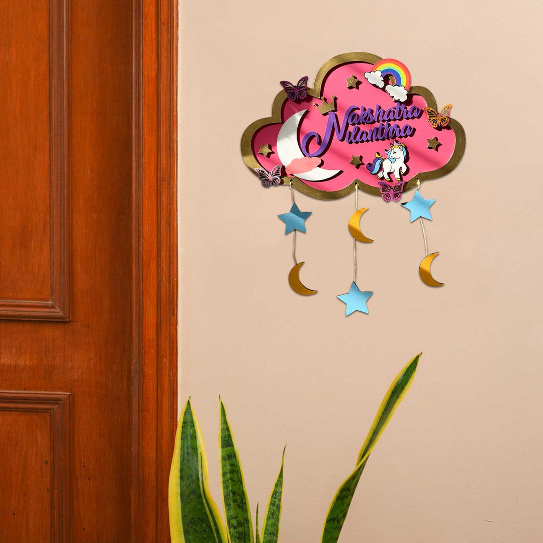 Personalized Pink Cloud Shaped Wooden Name Plate For Kids