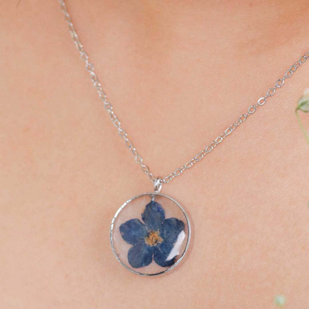 Handmade Preserved Flower Forget Me Not Dainty Brass Necklace