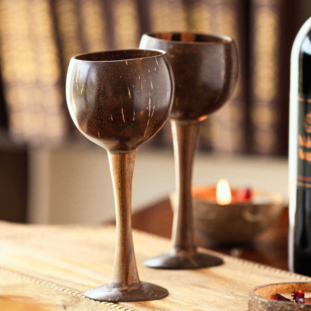 Eco-Friendly Handmade Wooden Coconut Shell Wine Glass | Set of 2