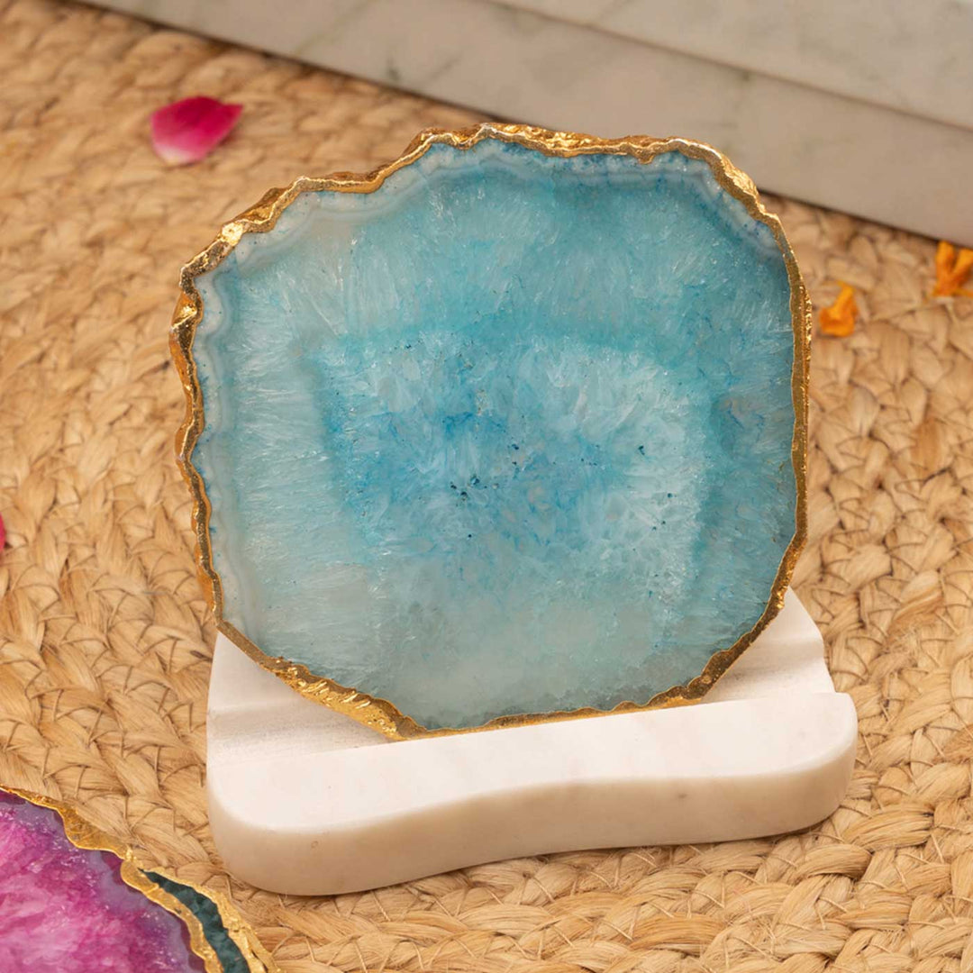 Handmade Decorative Turquoise Agate Stone Tea Light Holder With Marble Base