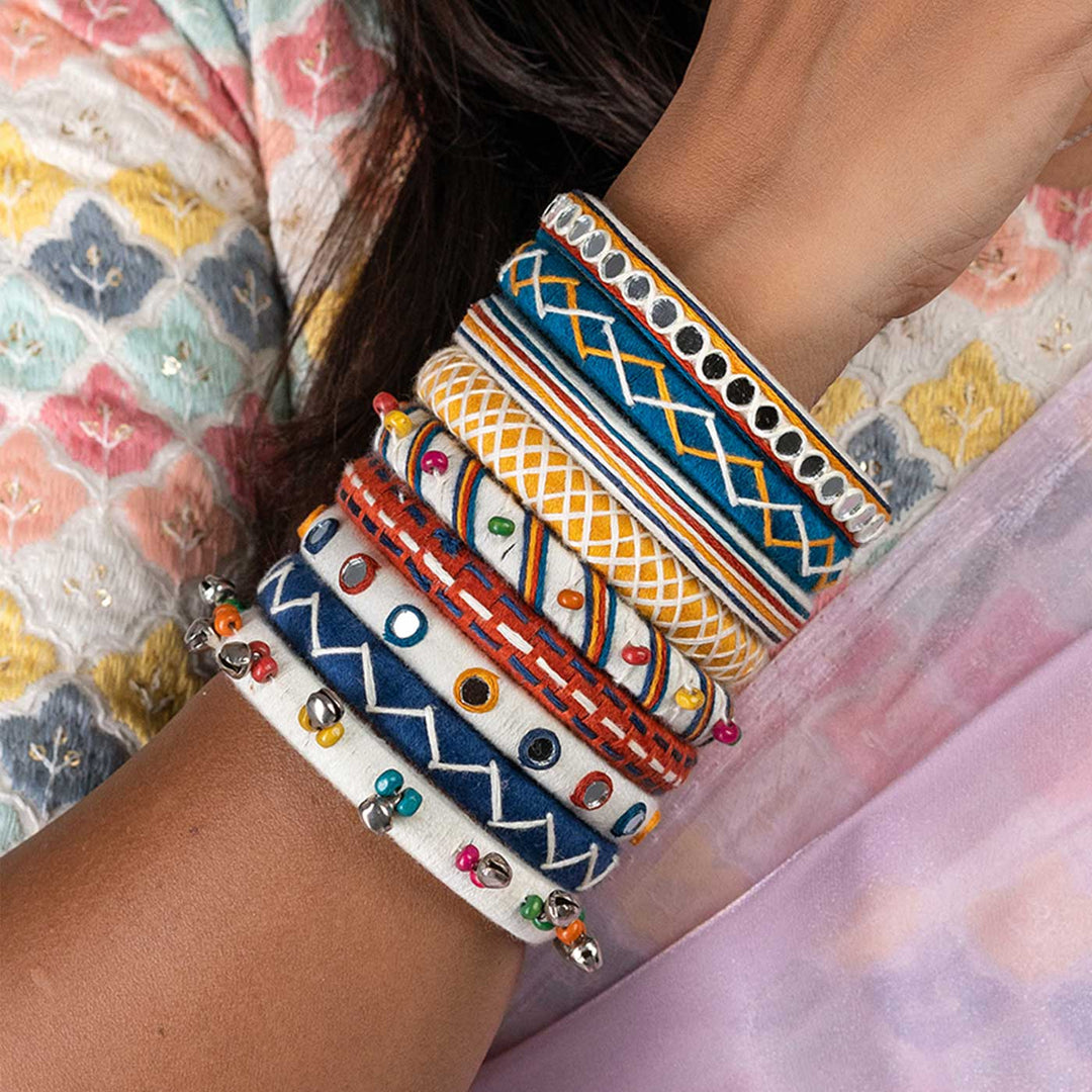 Multicolour Handcrafted Eka Cotton Thread & Wooden Beads Bangles | Set of 9