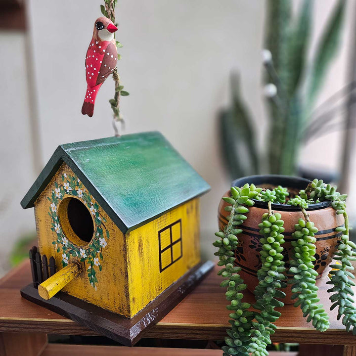 Hand-Painted Green & Yellow Bird House