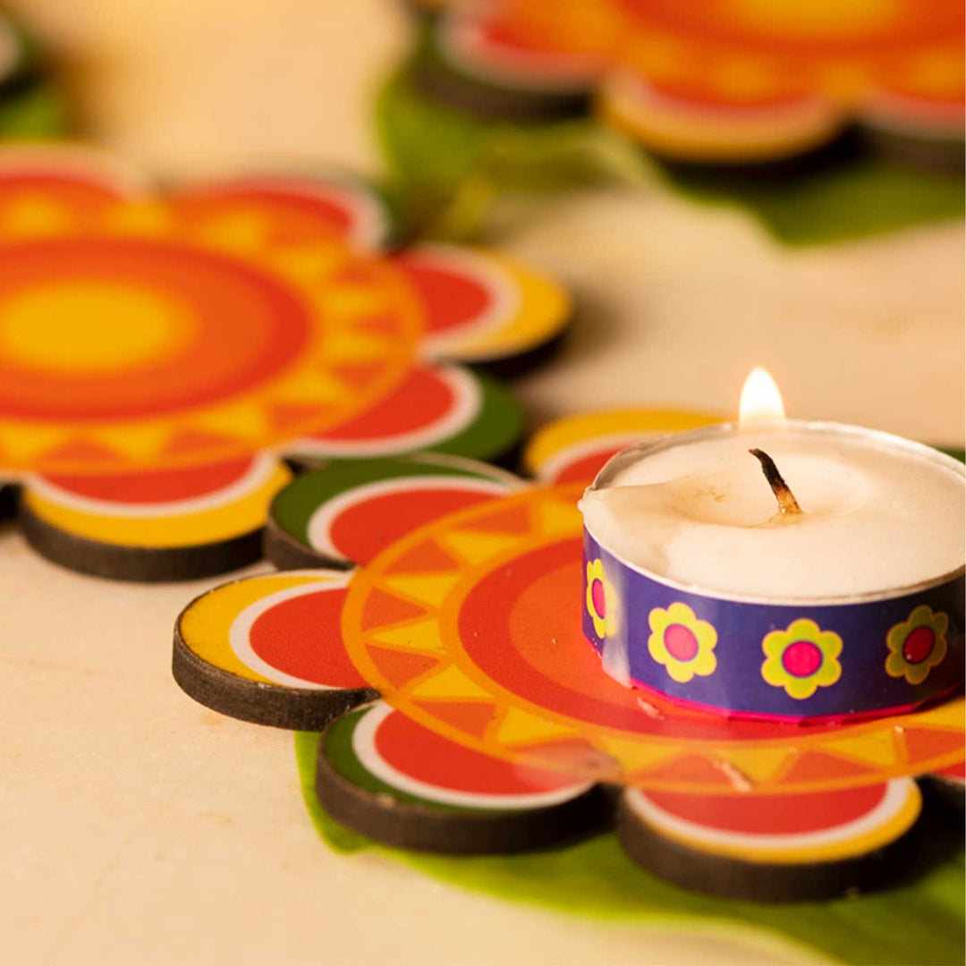 Handmade Decorative Marigold MDF Wood Tealight Holder | Set Of 6