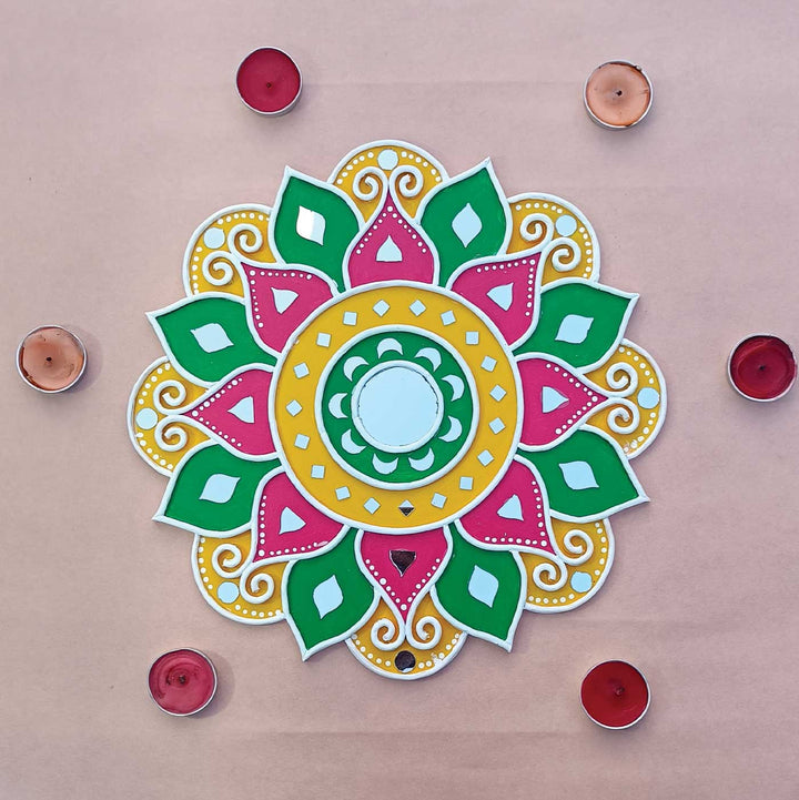 Handmade Green & Yellow Lippan Art Floral MDF Rangoli