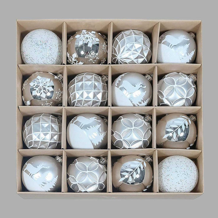 Silver & White Disco Shimmer theme Christmas Ball Ornaments For Decoration | Set of 16