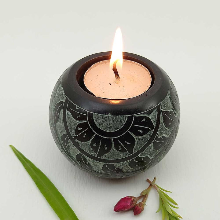 Handmade Black Aala Round Shape Candle Holder | Set of 2