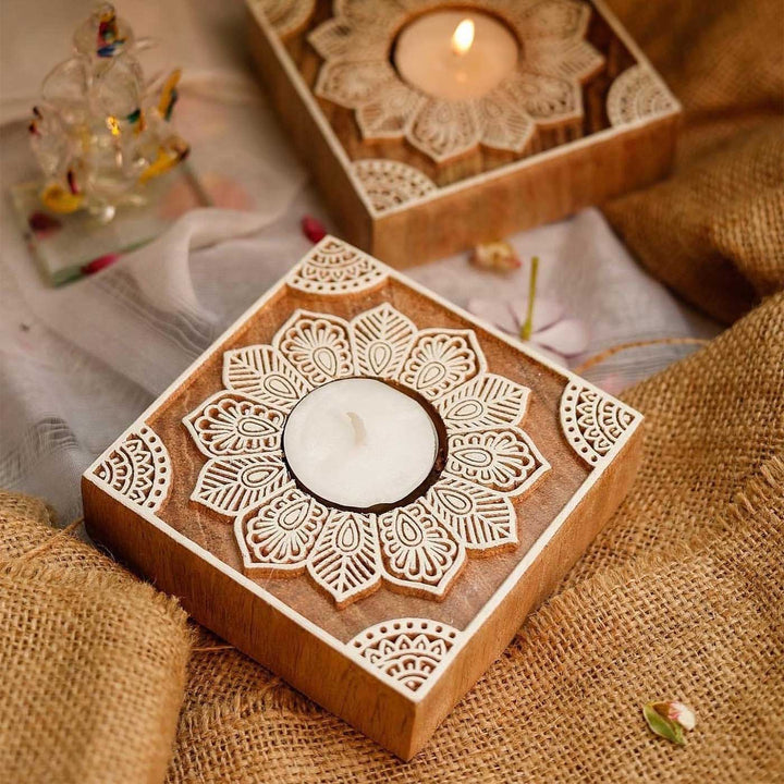 Handmade Carved Beige Square Wooden Block Tealight Holder | Set Of 2