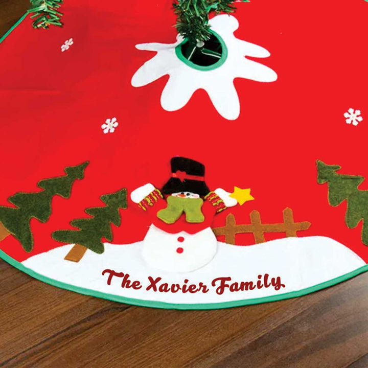 Personalized Snowman’s Magical Playtime Felt Tree Skirt For Christmas Tree Decoration