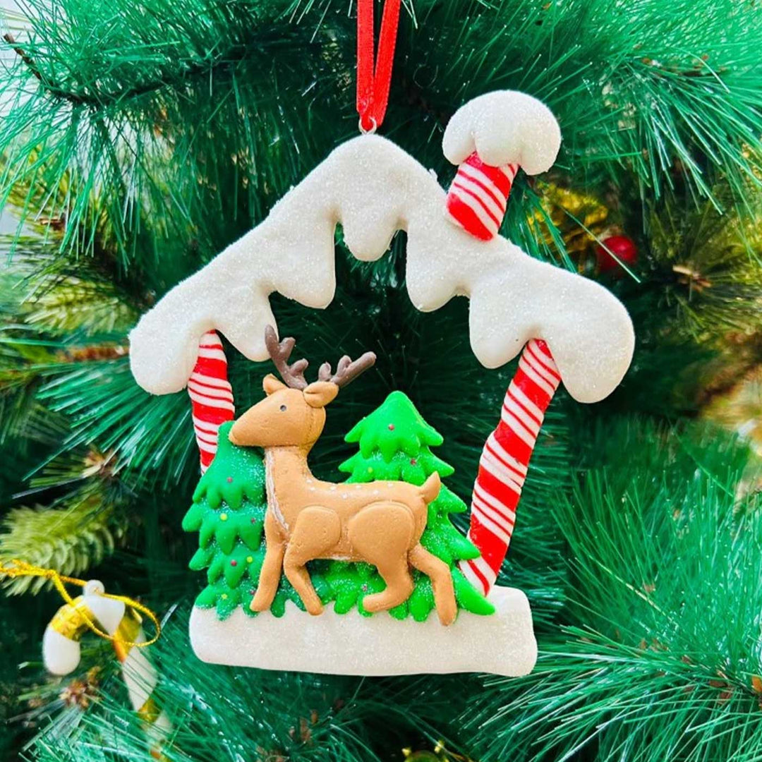 Handmade Reindeer In A Hut Clay Ornaments For Christmas Tree Decoration