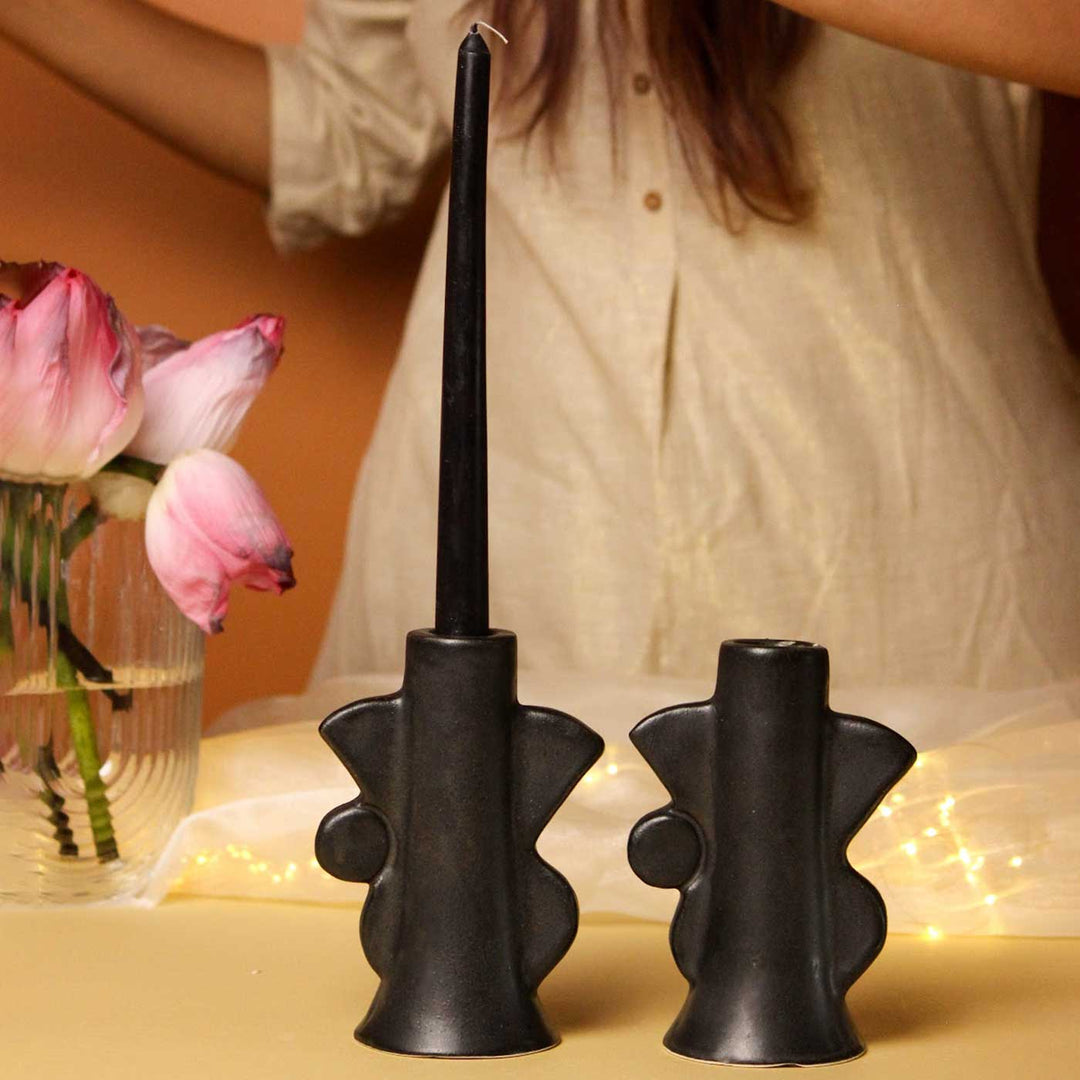 Handmade Black Abstract Design Ceramic Candle Holder | Set Of 2