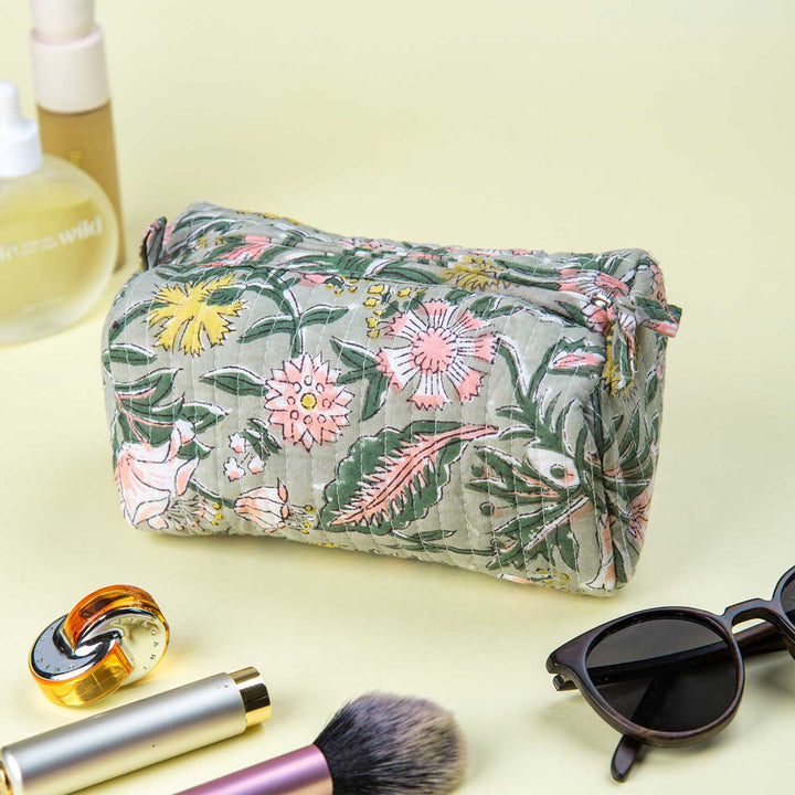 Handmade Block Printed Forest Bloom Quilted Cotton Toiletry Pouch