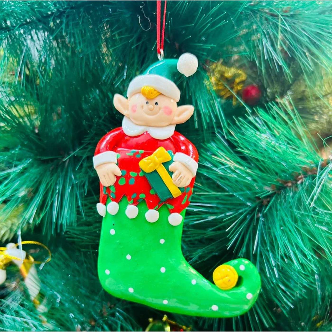 Handmade Elf With Gift Clay Ornaments For Christmas Tree Decoration