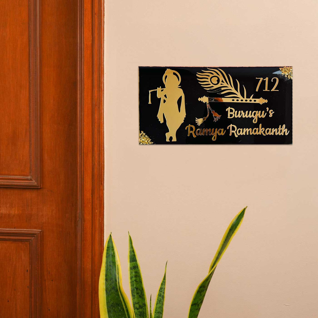 Personalized Black & Gold Krishna Theme Resin Name Plate For Family