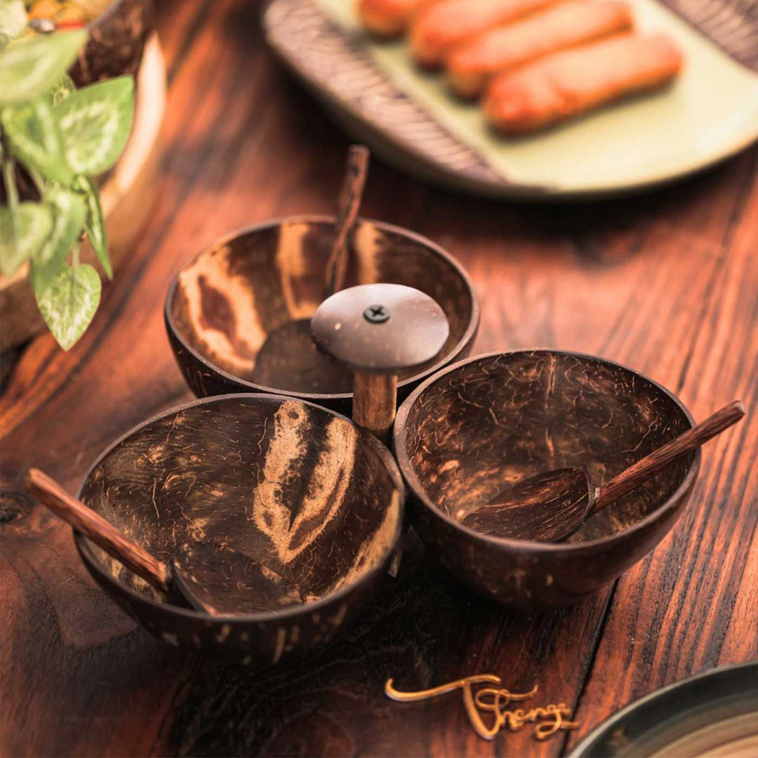 Eco-Friendly Handmade Three Bowl Coconut Shell Serving Set