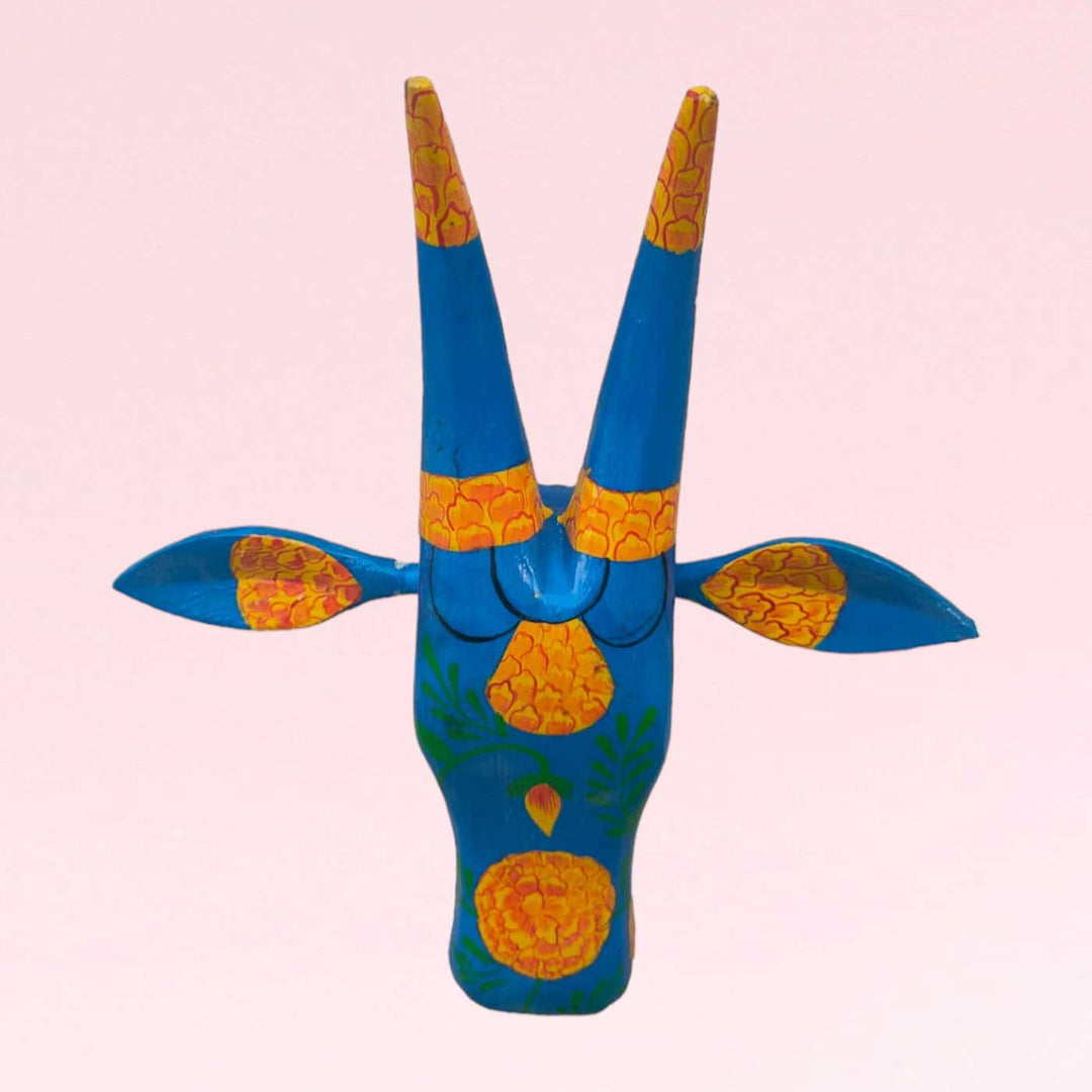 Hand-Painted Decorative Blue Cow Face Wooden Decor