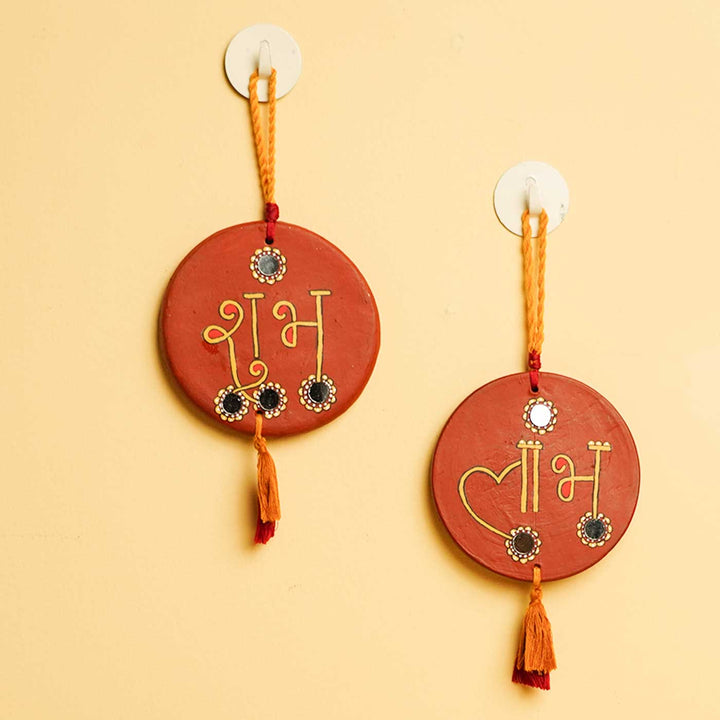 Handmade Brown Shubh - Labh Terracotta Hanging | Set Of 2