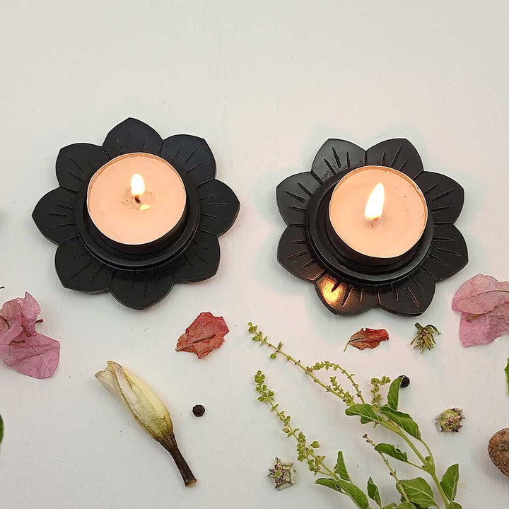 Handmade Black Altair Lotus Flower Candle Holder | Set Of 2