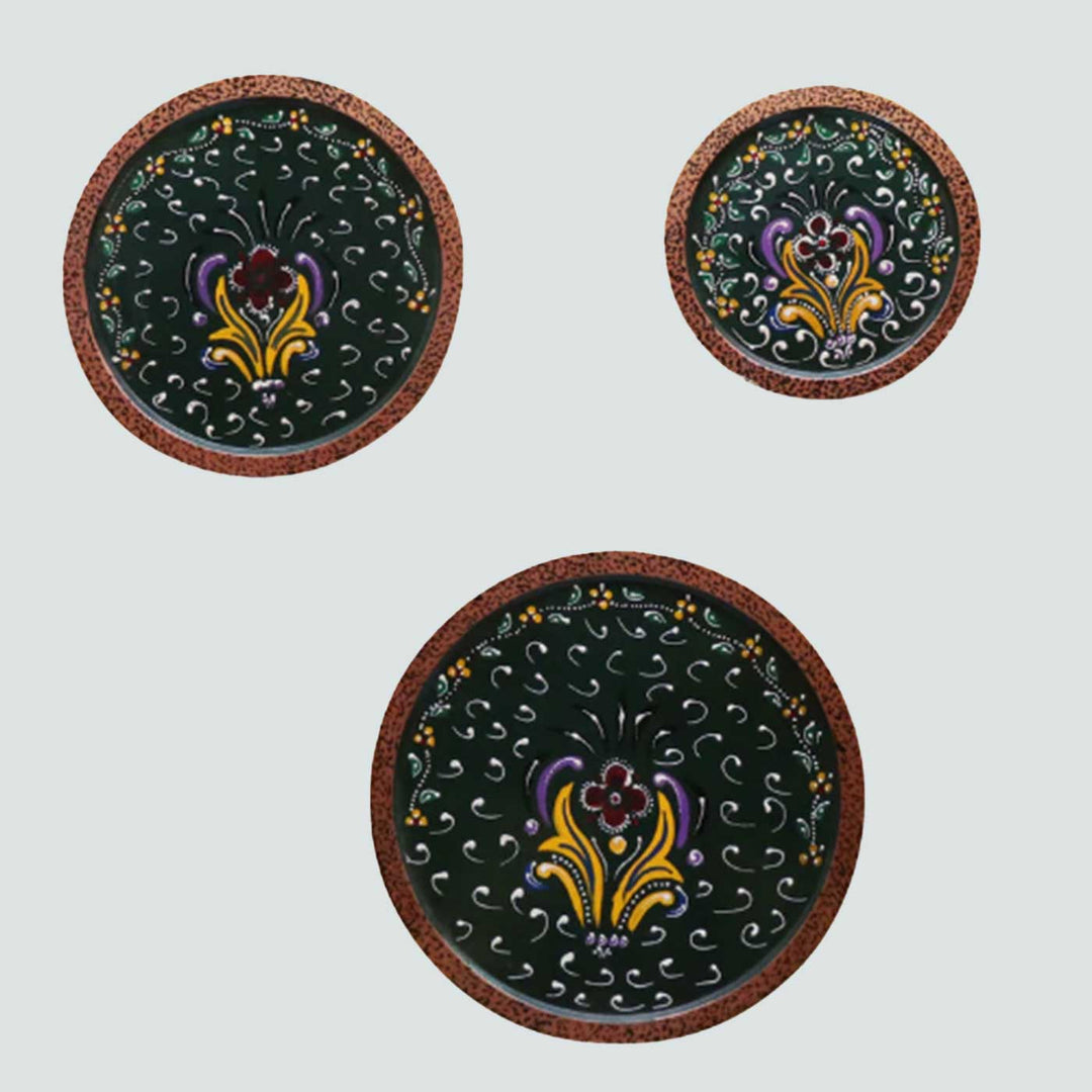 Hand-Painted Green Ornate Wooden Wall Plate | Set Of 3