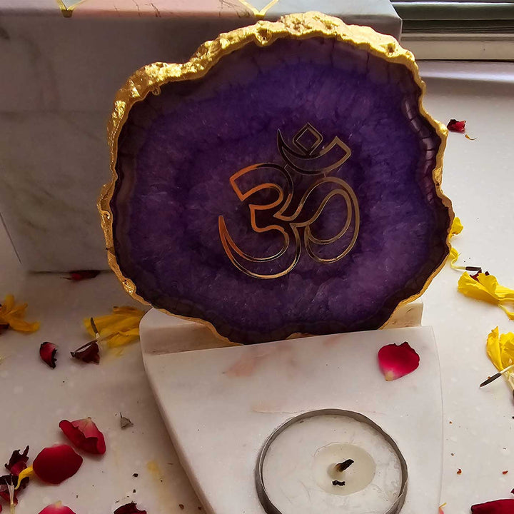 Handmade Purple Om Agate Decor With Marble Base Tea Light Holder