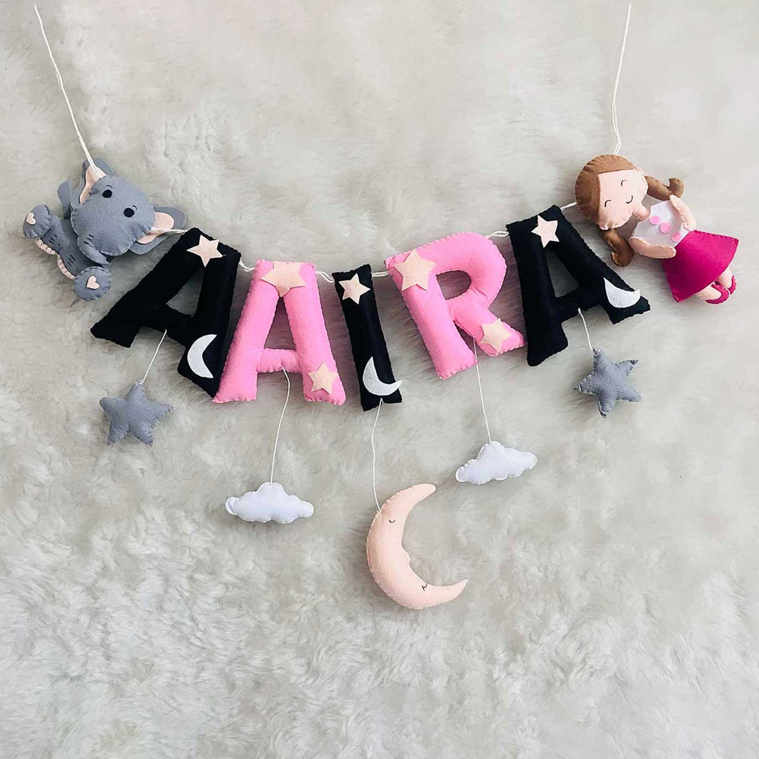 Handcrafted Personalized Black Pink Themed Bunting For Kids