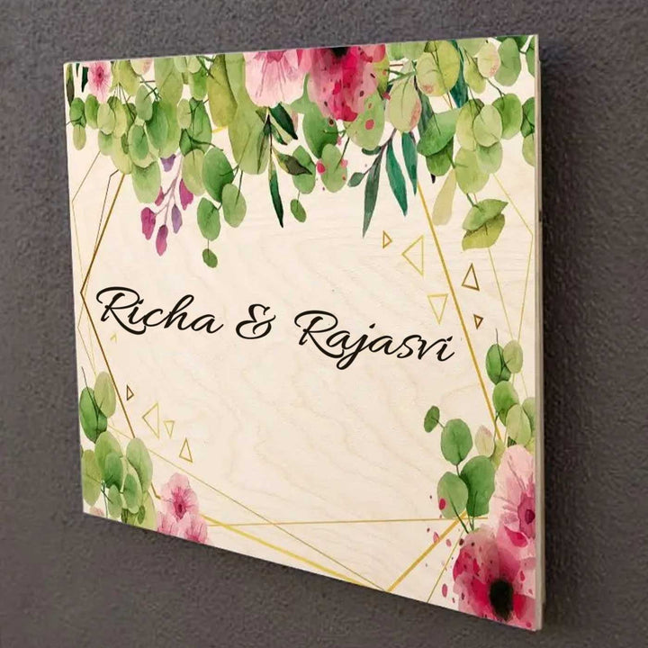 Printed Green & Pink Spring Floral Wooden Rectangle Nameplate