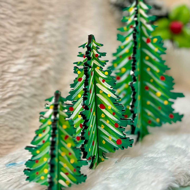 Hand-Painted Pine Tree Wooden Table Decor for Christmas Decoration | Set Of 3