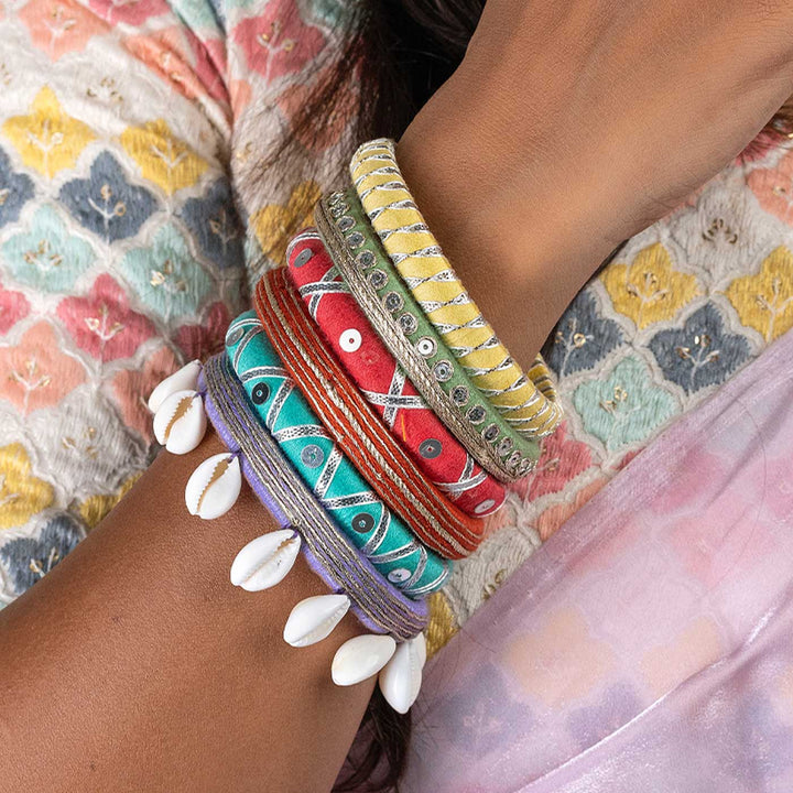 Multicolour Handcrafted Brinda Silver Gotapatti Colourful Shell Bangles | Set of 6