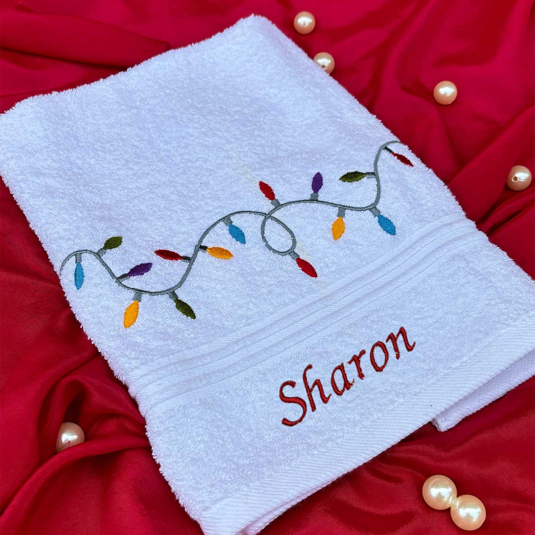 Personalized Fairy Lights Embroidered Cotton Hand Towel | Secret Santa Gift Ideas