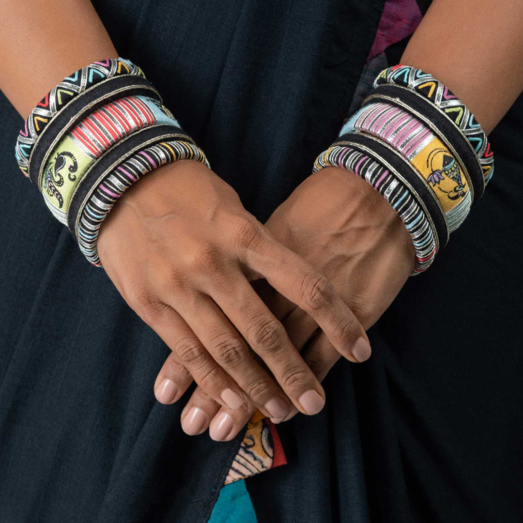 Black & Silver Handcrafted Vasudha Fish & Peacock Embroidery Bangles | Set of 10