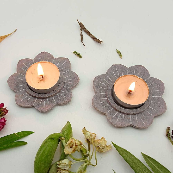 Handmade Grey Kanan Lotus Flower Tealight Holder | Set Of 4