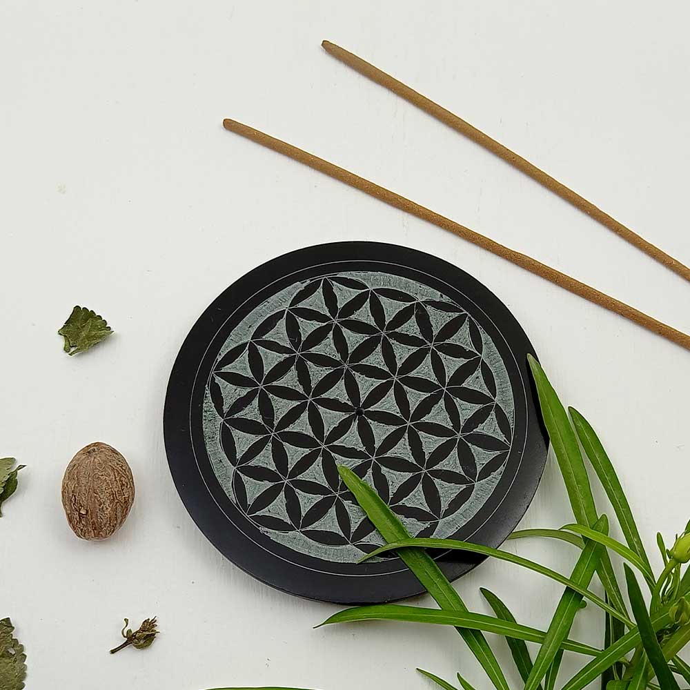 Handmade Black Faiza Flowers Of Life Soapstone Incense Stick Holder | Set of 2